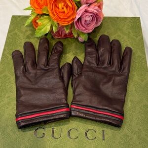 Authentic Gucci Brown Leather Gloves with Iconic Red & Green Sherry Line Accent